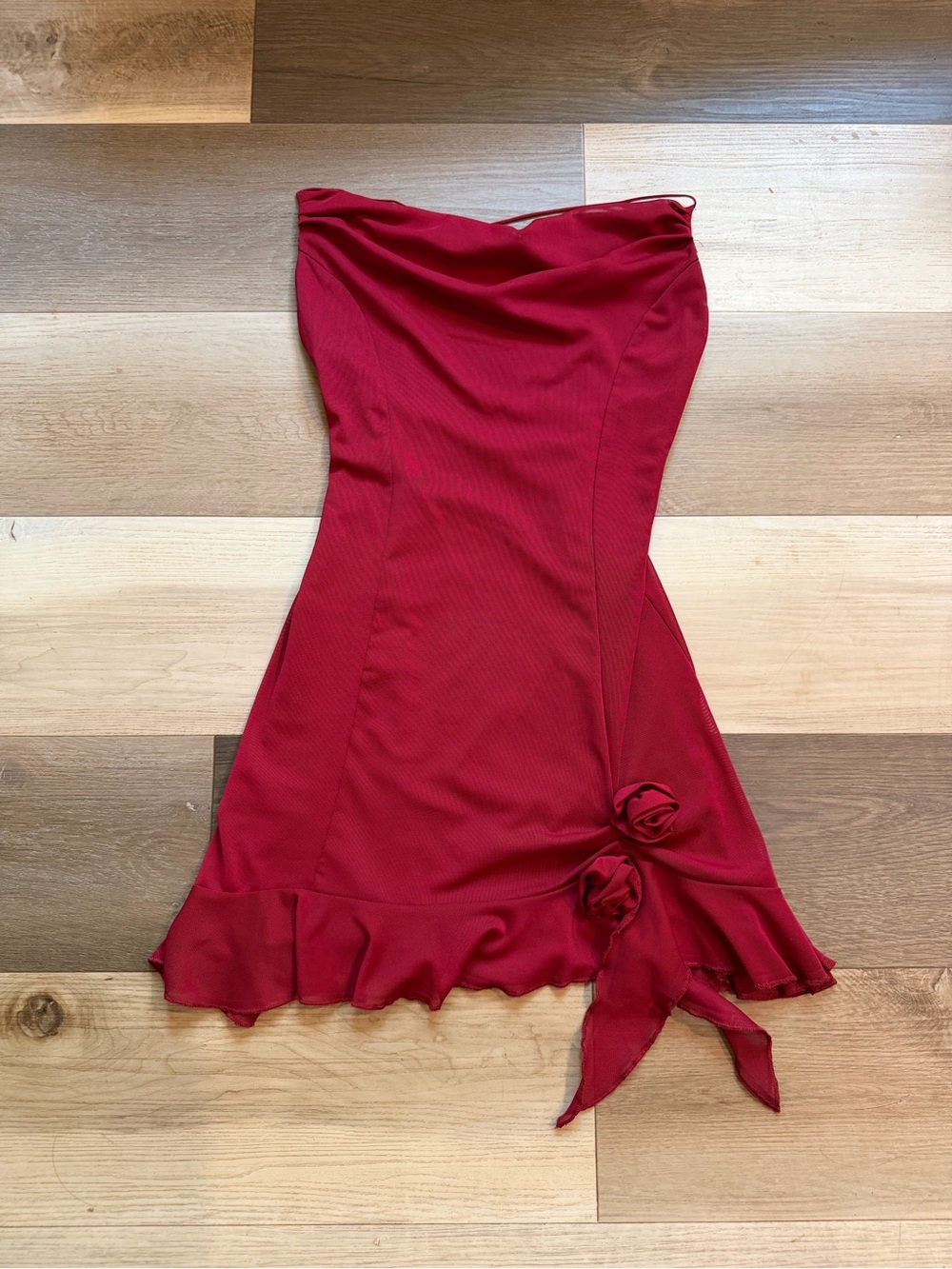 Garage Cross Back Wine Red Mini Dress with Ruffle Hem & Rose Detail Size XS